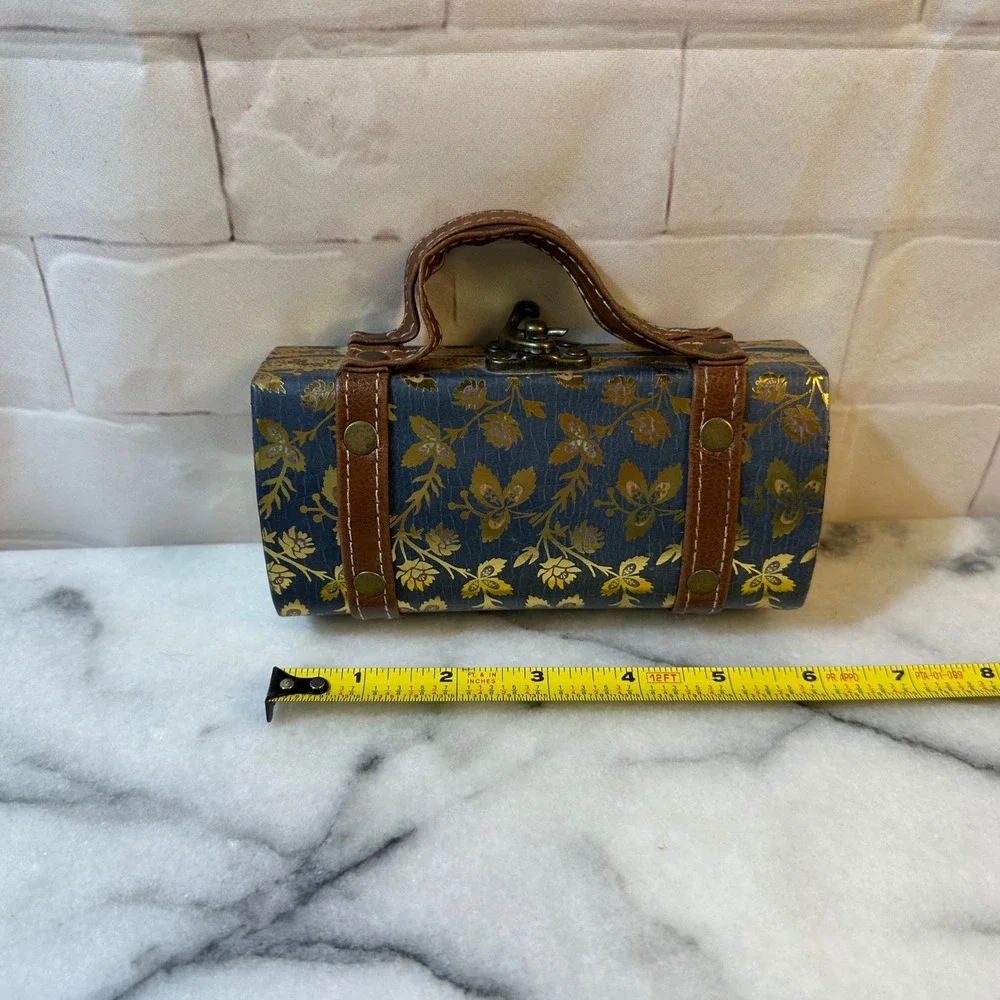 Vintage Style Mini Decorative Suitcase Blue Gold Floral Keepsake Box Trunk